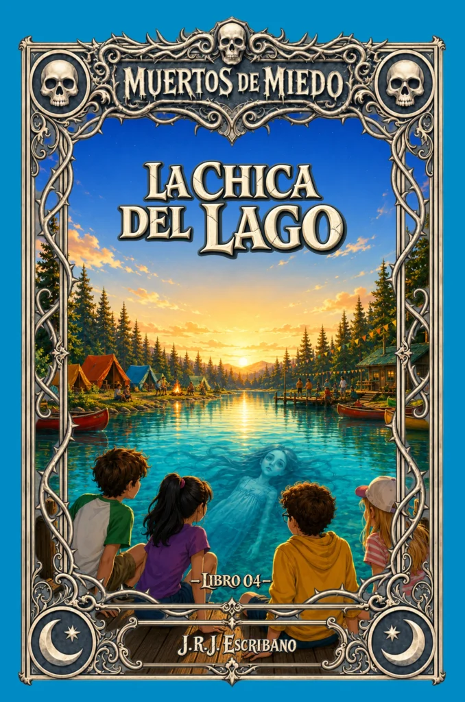 Portada de "La chica del lago": cuatro niños sentados en un embarcadero al atardecer, junto a un campamento de tiendas de campaña, mientras el fantasma de una chica flota bajo el agua del lago frente a ellos, dentro del marco ornamentado con calaveras de la colección Muertos de Miedo.